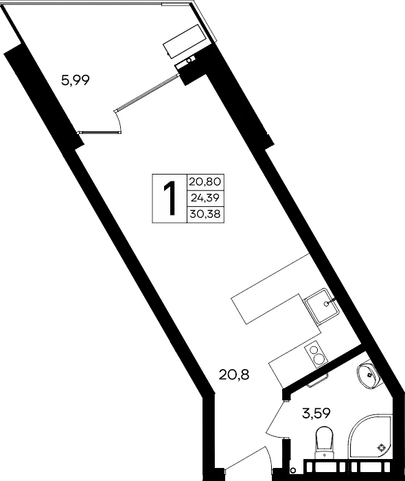 Планировка 1-комн. квартира, 30.38 м² Апарт-комплекс «Песок и море»