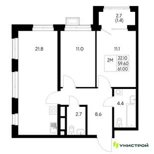 Планировка 2-комн. квартира, 61 м² ЖК «Стадиум»