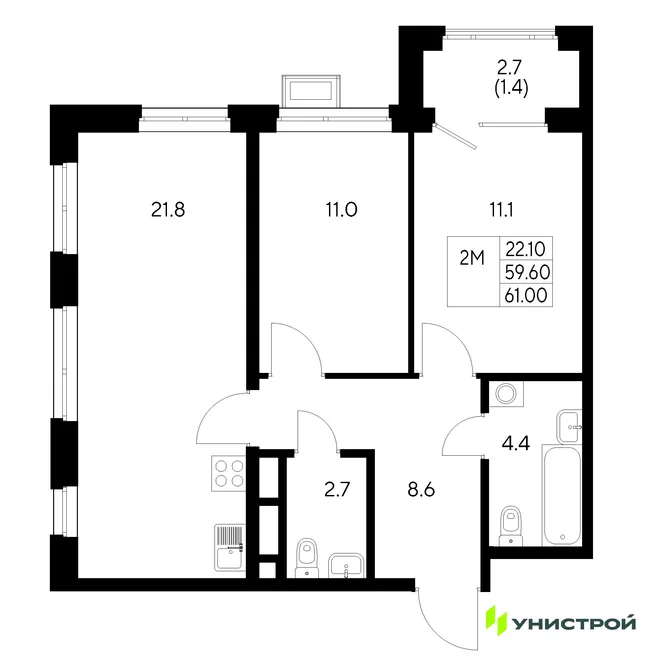 Планировка 2-комн. квартира, 61 м² ЖК «Стадиум»