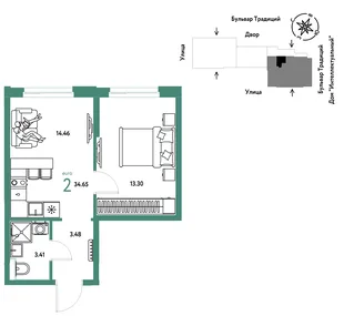 Планировка 2-комн. квартира, 34.65 м² ЖК «Микрорайон Домашний»