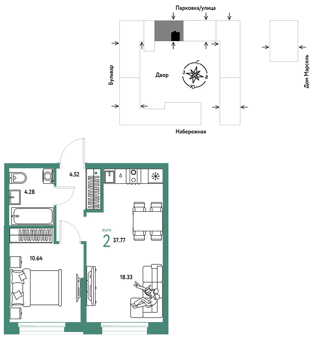 Планировка 2-комн. квартира, 37.77 м² ЖК «Европейский берег 2.0»