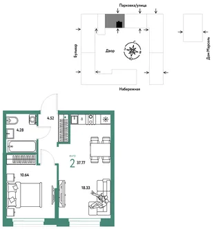 Планировка 2-комн. квартира, 37.77 м² ЖК «Европейский берег 2.0»