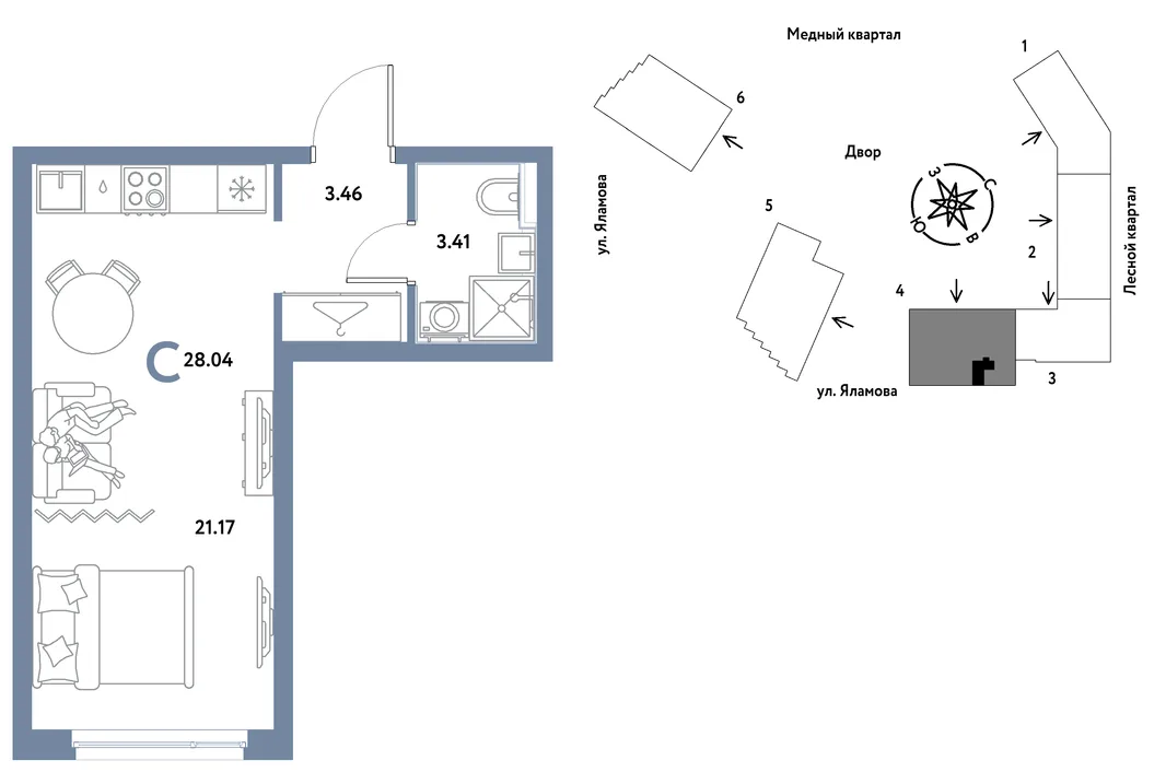 Планировка Студия, 28.04 м² ЖК «Сибирский сад»