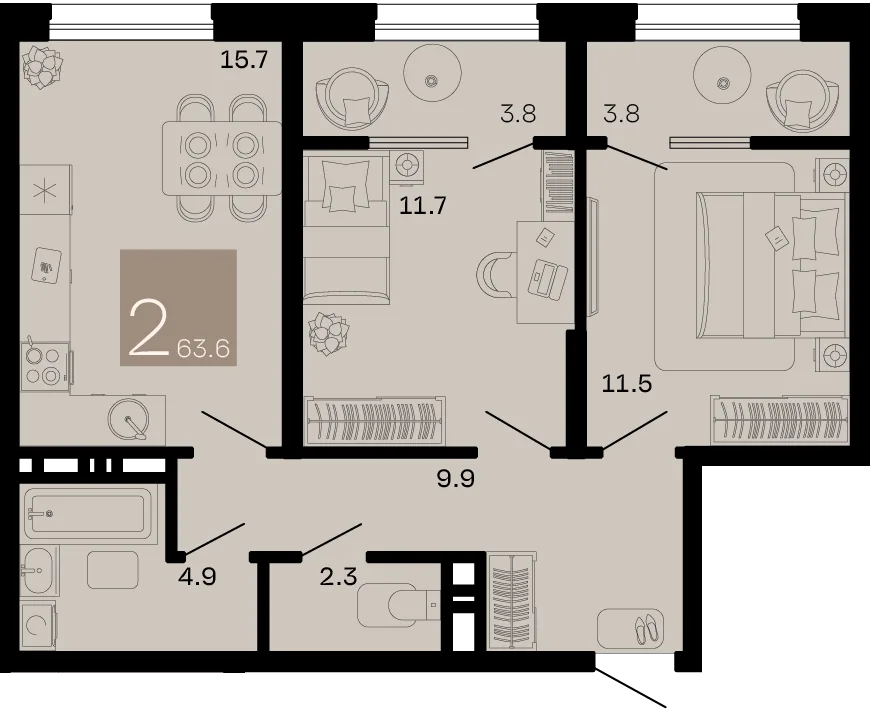 Планировка 2-комн. квартира, 63.6 м² ЖК «Хозяин морей»