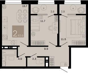 Планировка 2-комн. квартира, 63.6 м² ЖК «Хозяин морей»