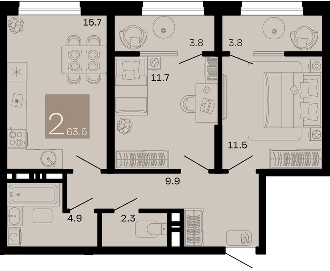 Планировка 2-комн. квартира, 63.6 м² ЖК «Хозяин морей» Планировка 2-комн. квартира, 63.6 м² ЖК «Хозяин морей»