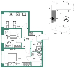 Планировка 2-комн. квартира, 48.26 м² ЖК «Микрорайон Домашний»