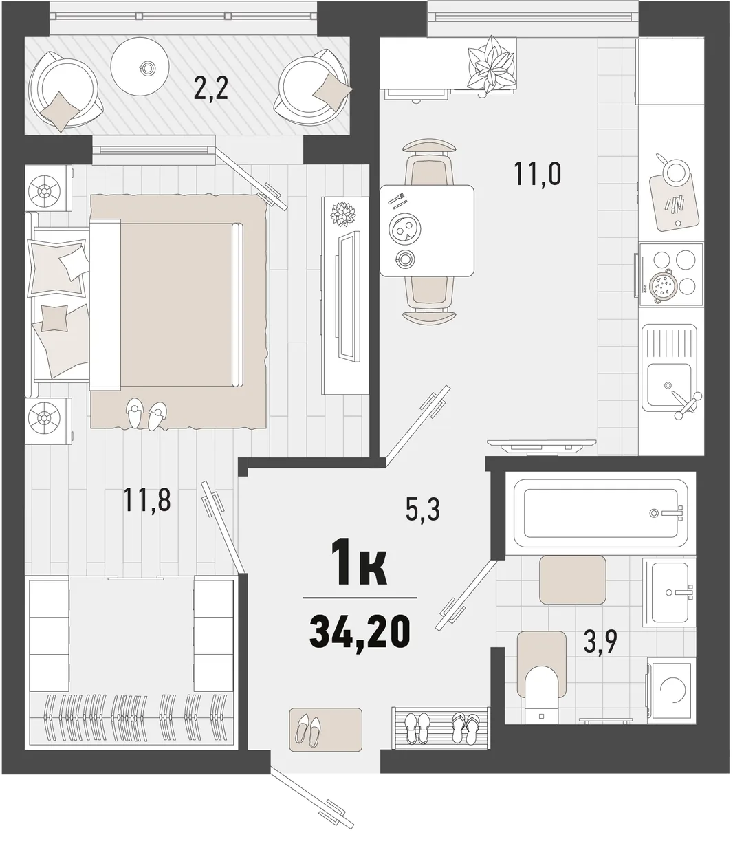 Планировка 1-комн. квартира, 34.2 м² ЖК «Барса»