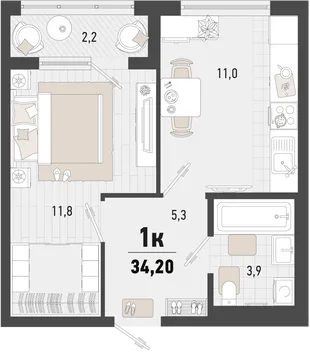 Планировка 1-комн. квартира, 34.2 м² ЖК «Барса»