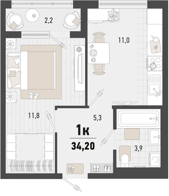 Планировка 1-комн. квартира, 34.2 м² ЖК «Барса» Планировка 1-комн. квартира, 34.2 м² ЖК «Барса»