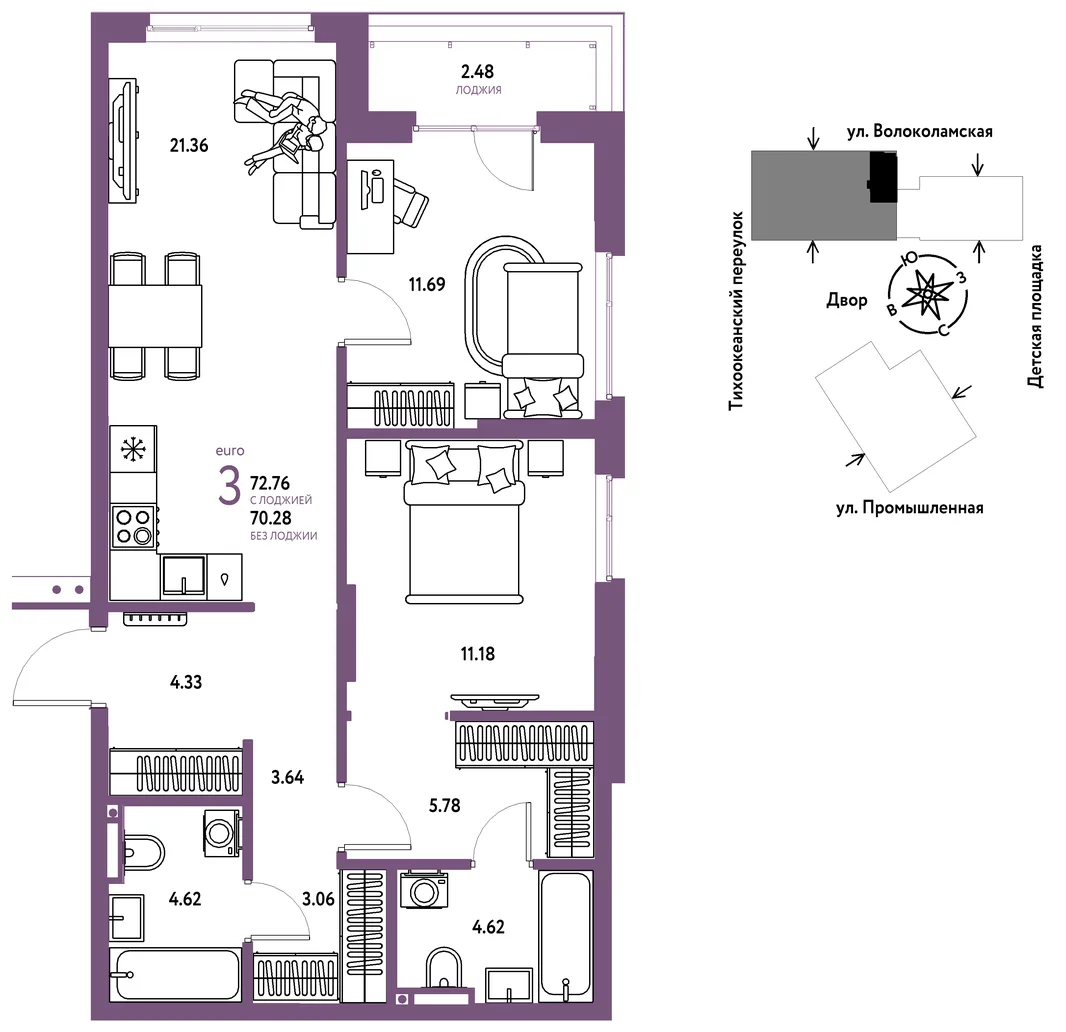 Планировка 3-комн. квартира, 72.76 м² ЖК «Страна Прибрежная»