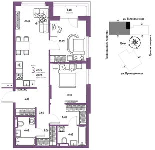Планировка 3-комн. квартира, 72.76 м² ЖК «Страна Прибрежная»
