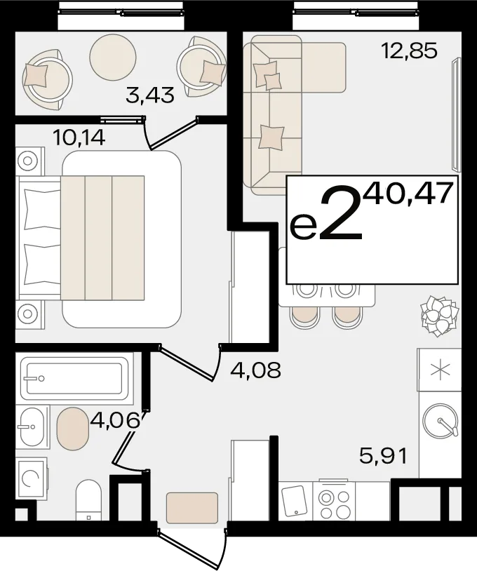 Планировка 2-комн. квартира, 40.47 м² ЖК «Патрики»