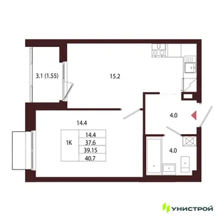 Планировка 1-комн. квартира, 39.15 м² ЖК «Лисино»