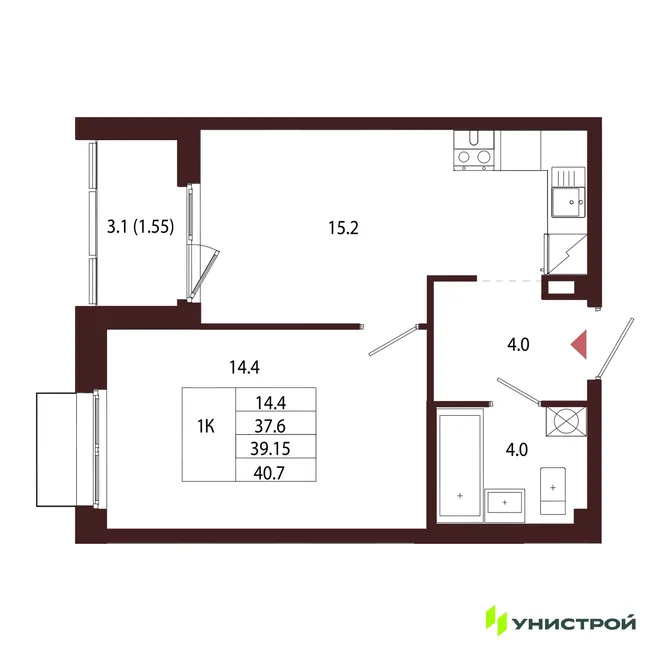 Планировка 1-комн. квартира, 39.15 м² ЖК «Лисино» Планировка 1-комн. квартира, 39.15 м² ЖК «Лисино»