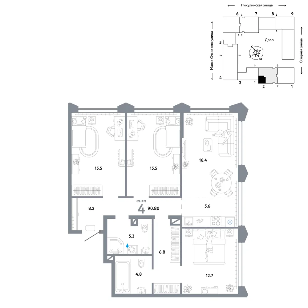 Планировка 4-комн. квартира, 90.8 м² ЖК «Страна.Озёрная»
