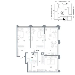 Планировка 4-комн. квартира, 90.8 м² ЖК «Страна.Озёрная»