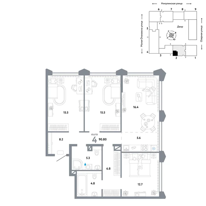 Планировка 4-комн. квартира, 90.8 м² ЖК «Страна.Озёрная» Планировка 4-комн. квартира, 90.8 м² ЖК «Страна.Озёрная»