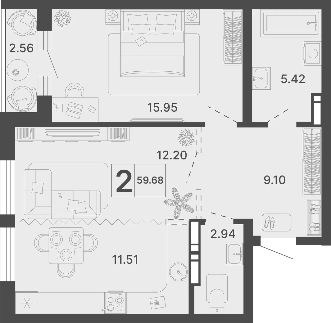 Планировка 2-комн. квартира, 59.68 м² ЖК «Светский лес»