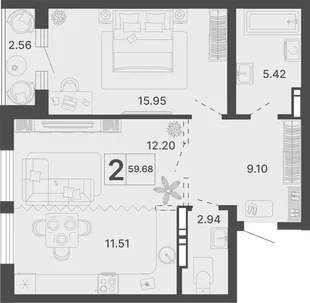 Планировка 2-комн. квартира, 59.68 м² ЖК «Светский лес»