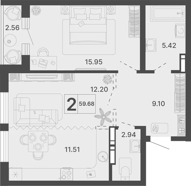 Планировка 2-комн. квартира, 59.68 м² ЖК «Светский лес» Планировка 2-комн. квартира, 59.68 м² ЖК «Светский лес»