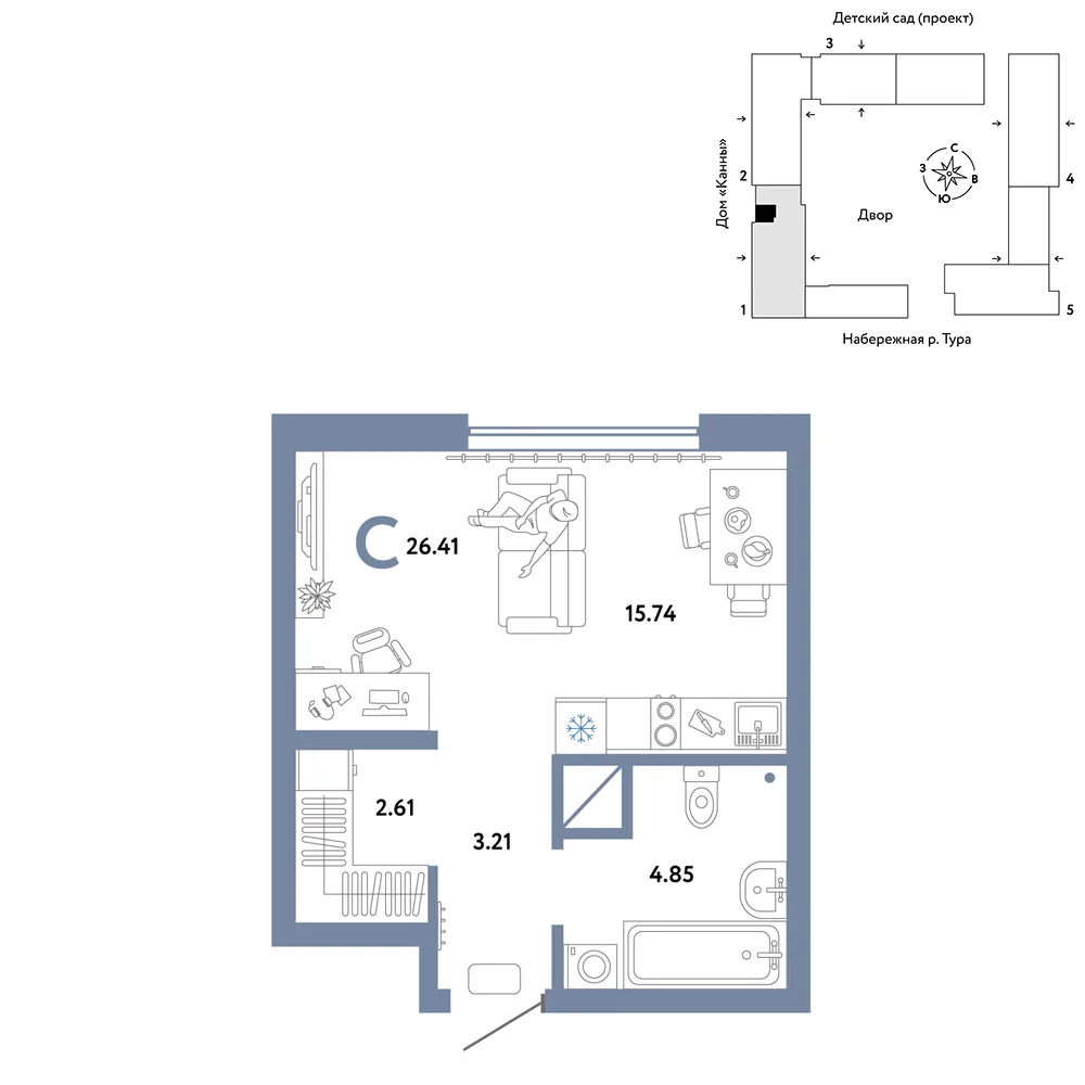 Планировка Студия, 26.41 м² ЖК «Европейский берег 2.0»