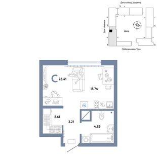 Планировка Студия, 26.41 м² ЖК «Европейский берег 2.0»