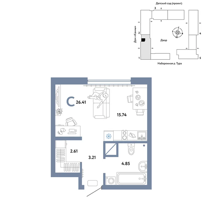 Планировка Студия, 26.41 м² ЖК «Европейский берег 2.0» Планировка Студия, 26.41 м² ЖК «Европейский берег 2.0»