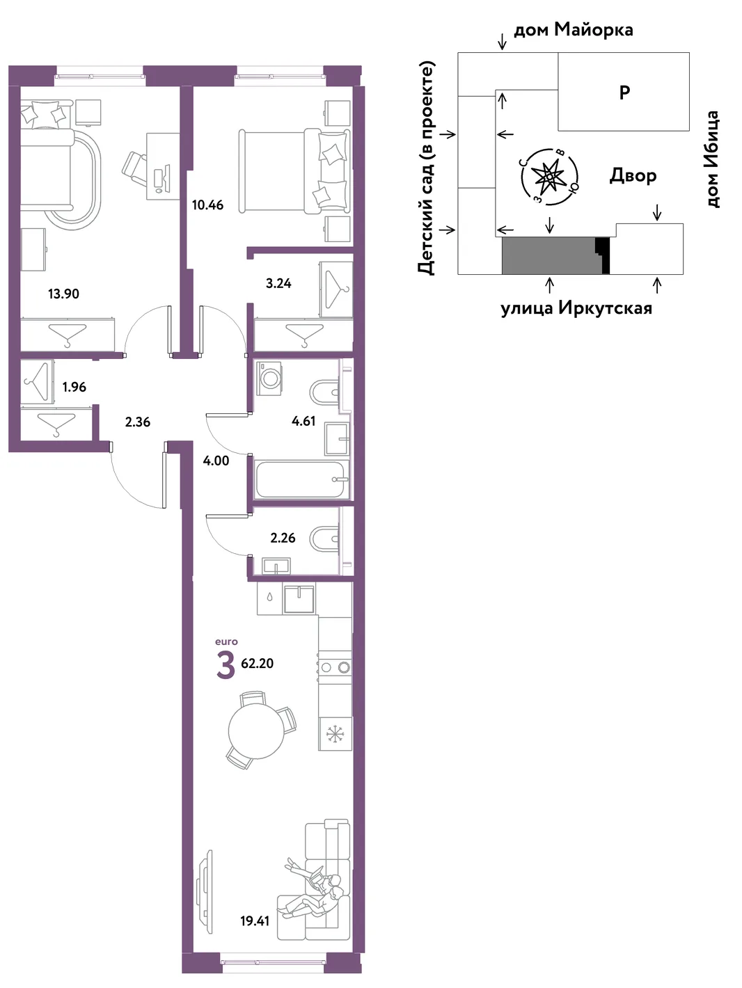 Планировка 3-комн. квартира, 62.2 м² ЖК «Остров-сад»