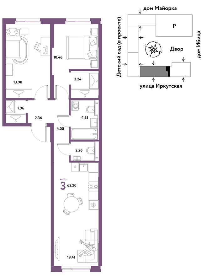 Планировка 3-комн. квартира, 62.2 м² ЖК «Остров-сад» Планировка 3-комн. квартира, 62.2 м² ЖК «Остров-сад»