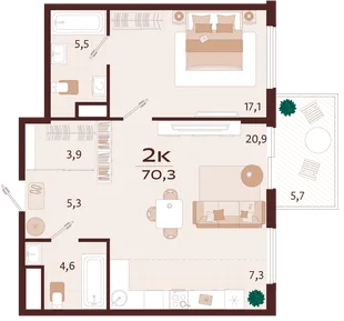 Планировка 2-комн. квартира, 70.3 м² ЖК «Роялта»