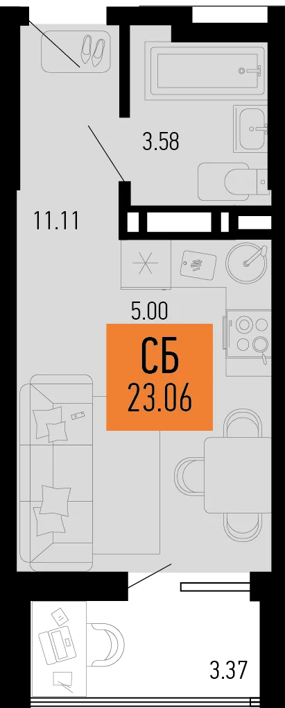 Планировка Студия, 23.06 м² ЖК «Столицыно»