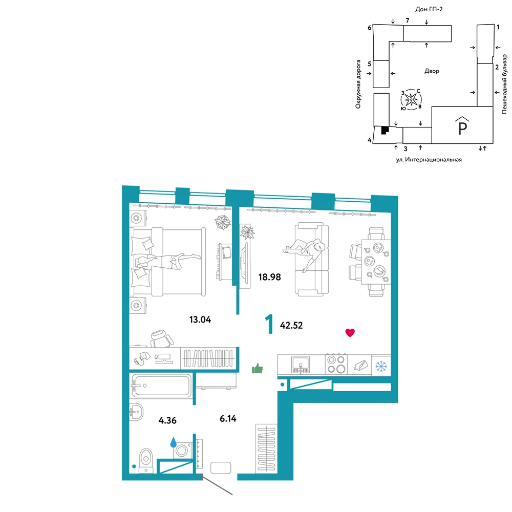 Планировка 1-комн. квартира, 42.5 м² ЖК «Юнион»