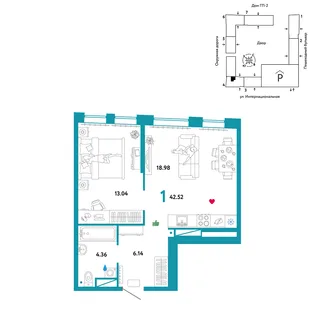 Планировка 1-комн. квартира, 42.5 м² ЖК «Юнион»