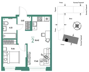 Планировка 2-комн. квартира, 36.42 м² ЖК «Микрорайон Домашний»