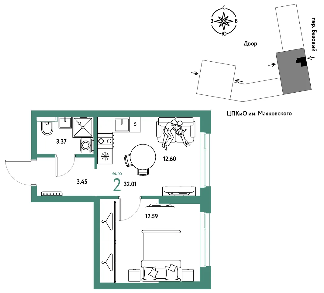 Планировка 2-комн. квартира, 32.01 м² ЖК «Сибирский сад»