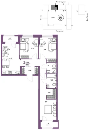 Планировка 3-комн. квартира, 81.08 м² ЖК «Европейский берег 2.0»