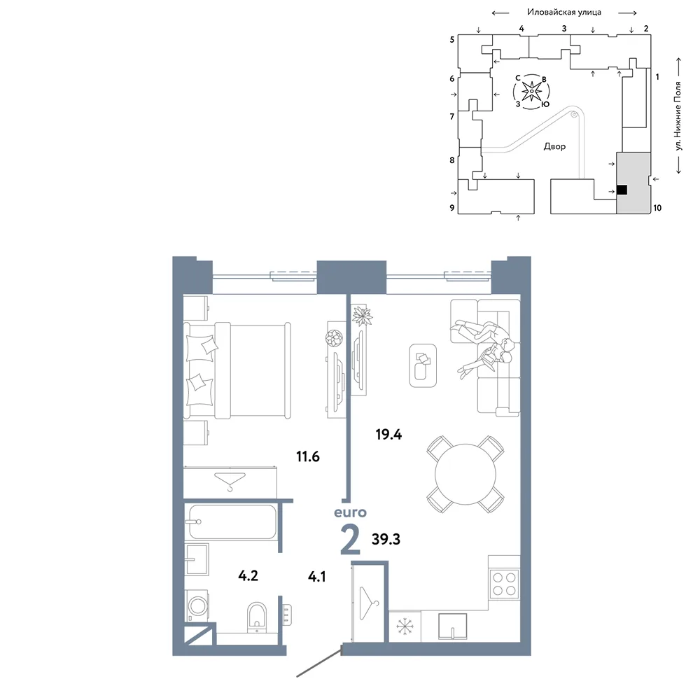 Планировка 2-комн. квартира, 39.3 м² ЖК «Страна.Заречная»