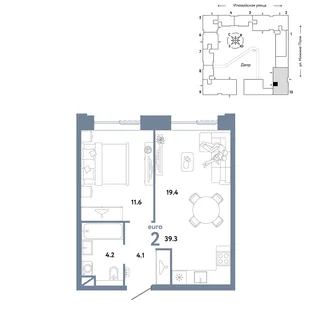 Планировка 2-комн. квартира, 39.3 м² ЖК «Страна.Заречная»