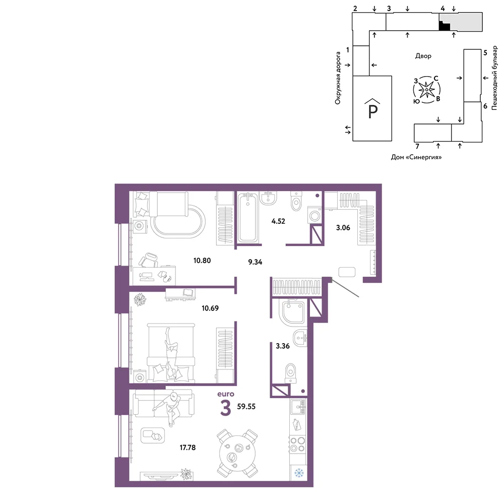 Планировка 3-комн. квартира, 59.55 м² ЖК «Юнион»