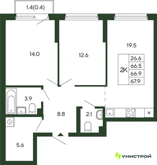 Планировка 2-комн. квартира, 66.9 м² ЖК «Парковый квартал 2.0»