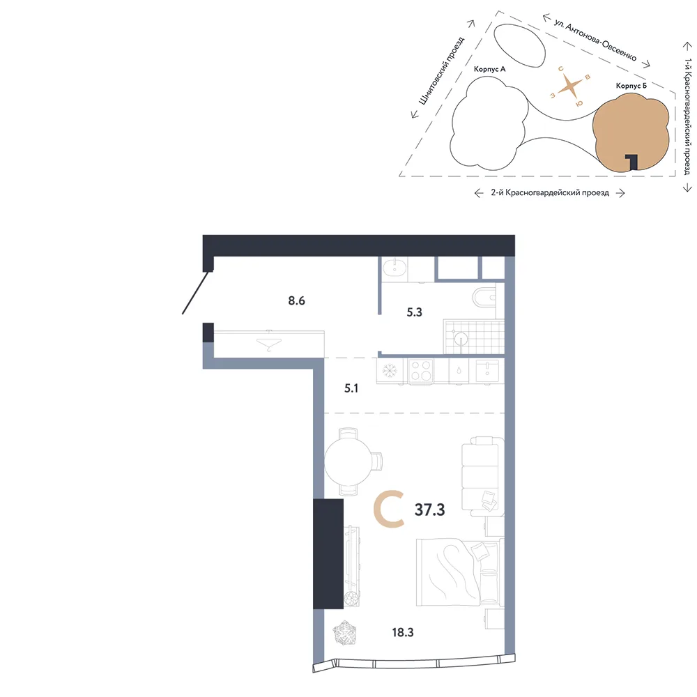 Планировка Студия, 37.3 м² ЖК «АУРУС Резиденции»