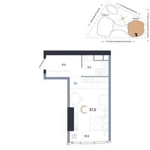 Планировка Студия, 37.3 м² ЖК «АУРУС Резиденции»