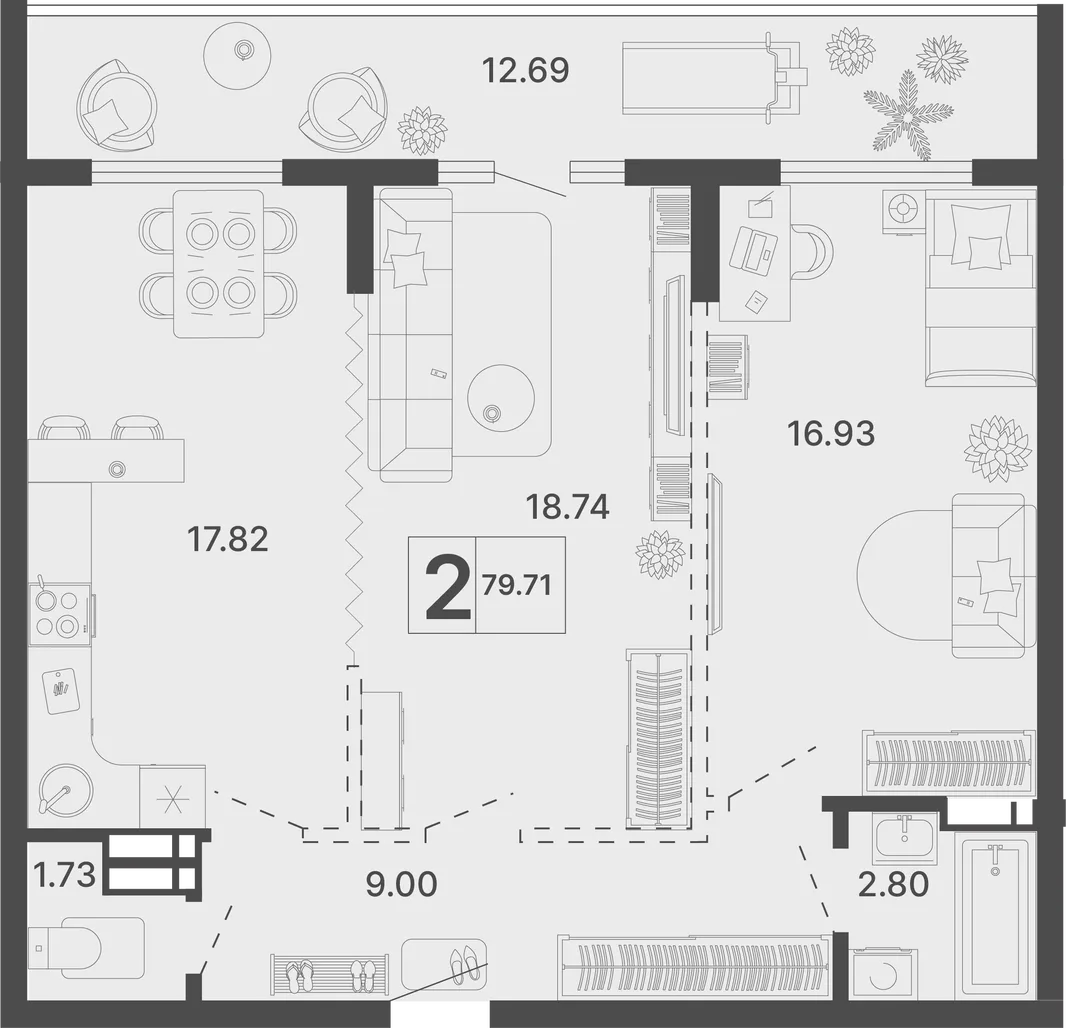 Планировка 2-комн. квартира, 79.71 м² ЖК «Светский лес»