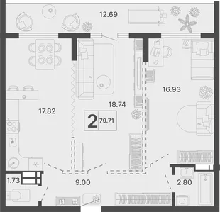 Планировка 2-комн. квартира, 79.71 м² ЖК «Светский лес»