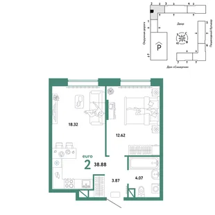 Планировка 2-комн. квартира, 38.88 м² ЖК «Юнион»