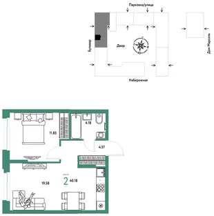 Планировка 2-комн. квартира, 40.18 м² ЖК «Европейский берег 2.0»