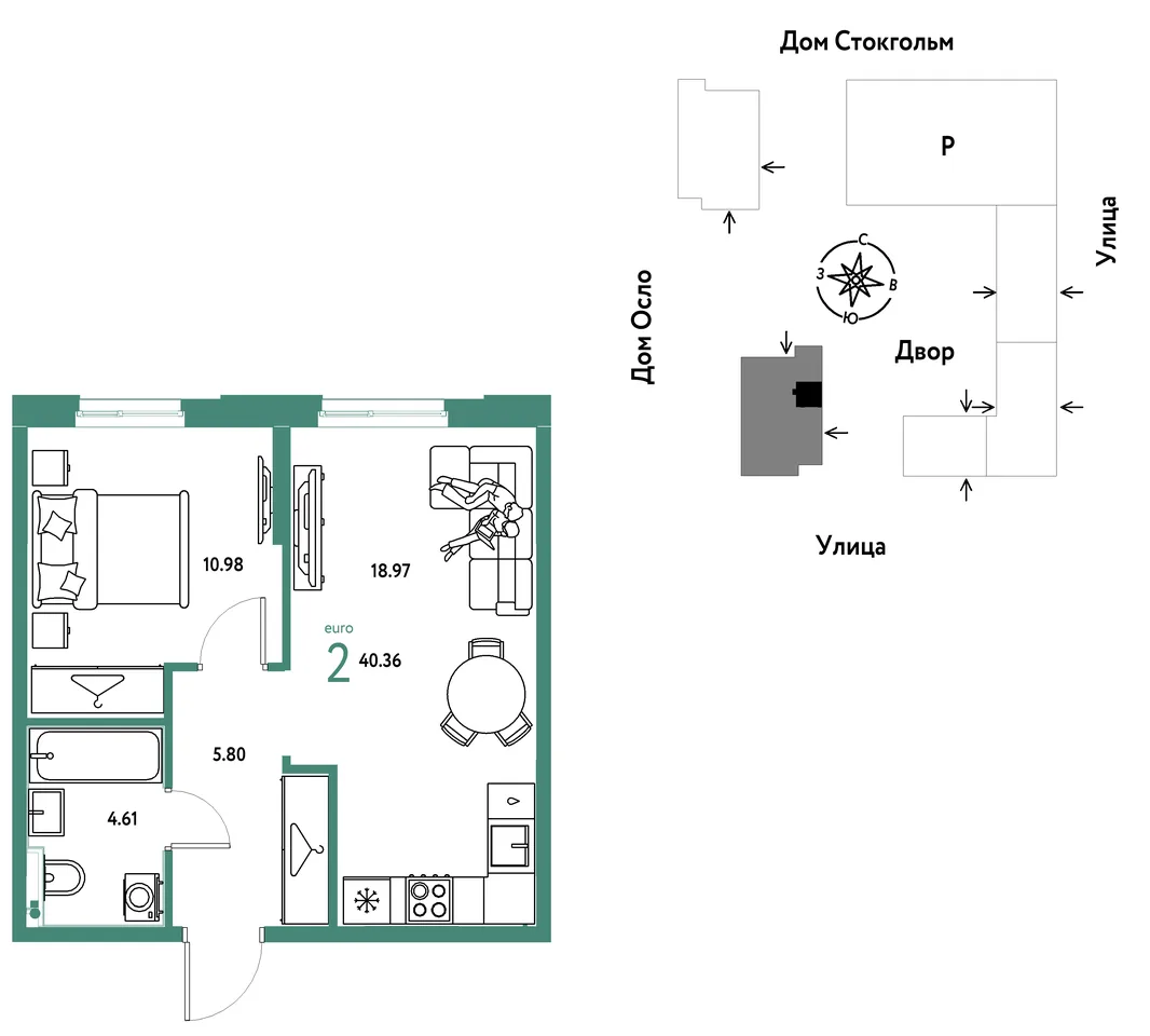 Планировка 2-комн. квартира, 40.36 м² ЖК «Европейский берег 2.0»