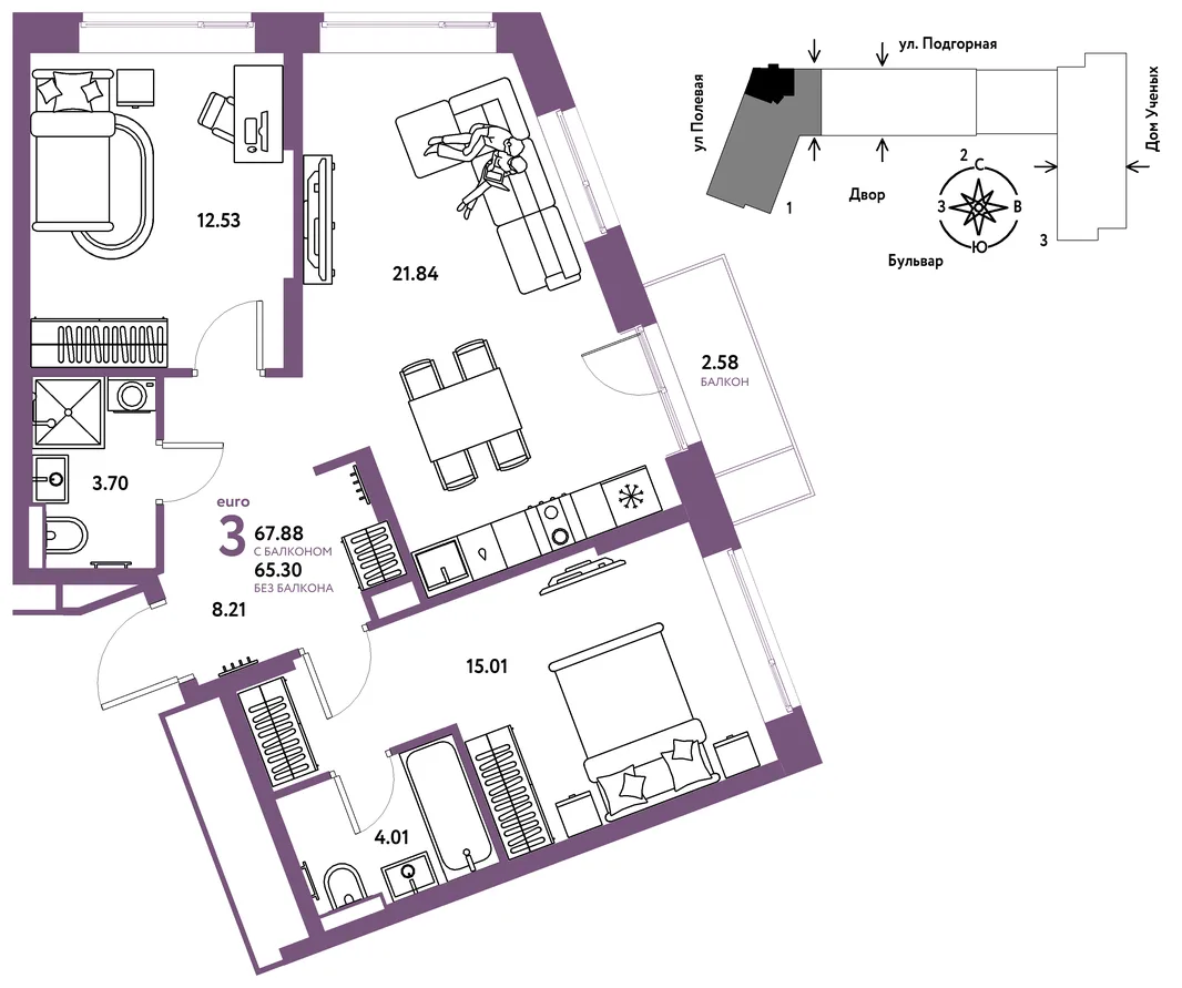 Планировка 3-комн. квартира, 68.05 м² ЖК «Авторский»