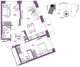 Планировка 3-комн. квартира, 68.05 м² ЖК «Авторский»